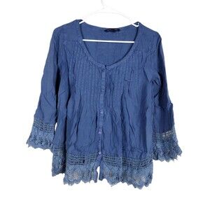 American Eagle Outfitters Womens XS Blouse Blue Button Lace 3/4 Sleeve Pleated